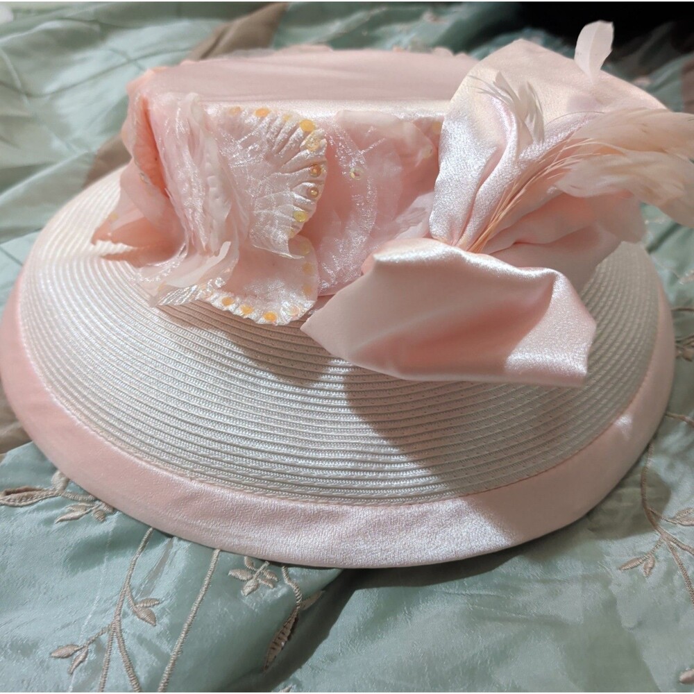 Whittall Shon Pink Derby Hat Bow Sequin Feather Woven Vintage Style - Picture 2 of 16
